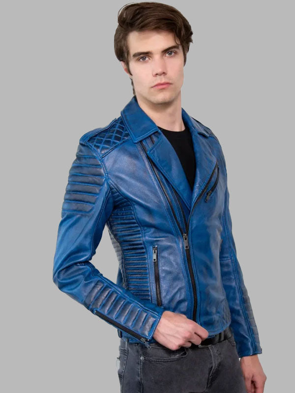 Mens Quilted Blue Leather Motorcycle Jacket