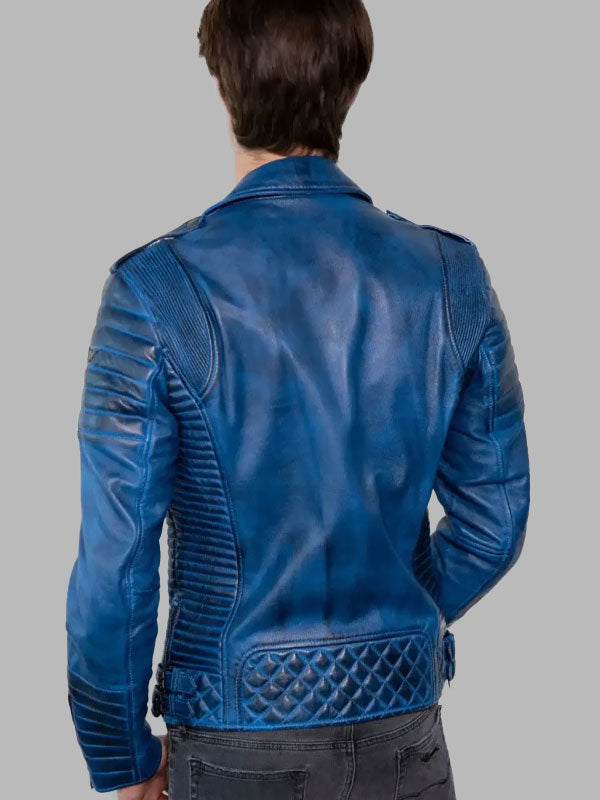 Mens Quilted Blue Leather Motorcycle Jacket