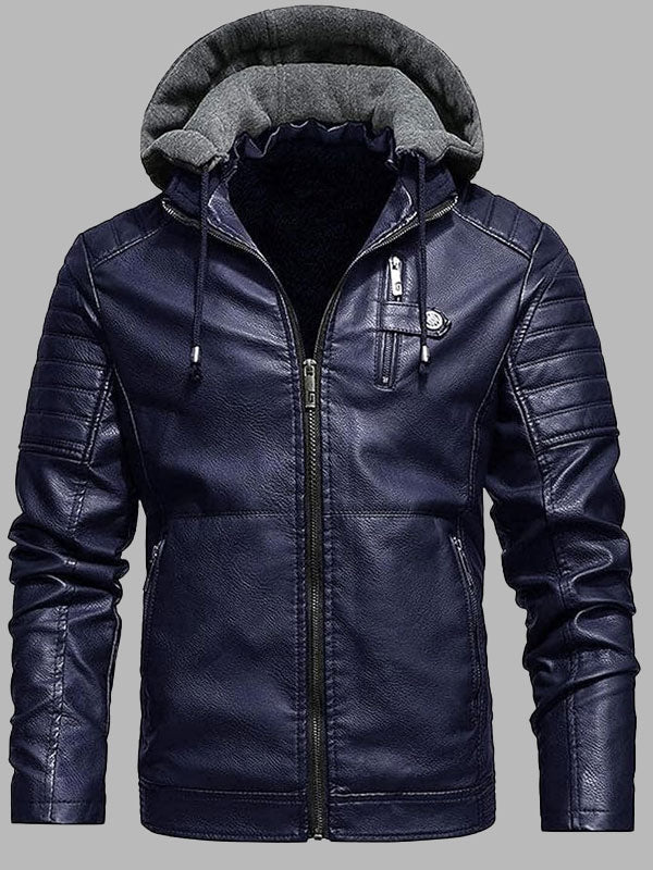 Men's Faux Leather Hooded Motorcycle Jacket
