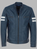 Men Leather Biker Jacket with Bold Contrasting Stripe Navy