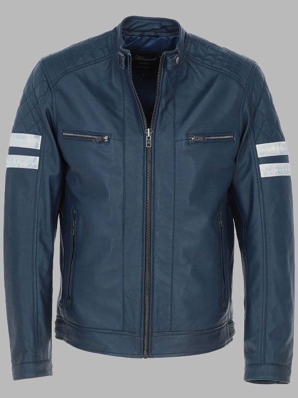 Men Leather Biker Jacket with Bold Contrasting Stripe Navy