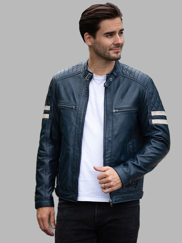 Men Leather Biker Jacket with Bold Contrasting Stripe Navy