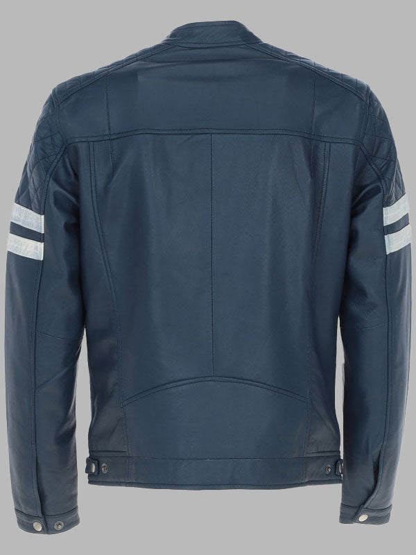 Men Leather Biker Jacket with Bold Contrasting Stripe Navy