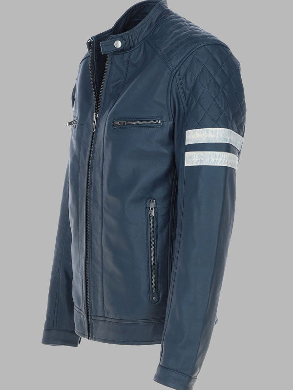 Men Leather Biker Jacket with Bold Contrasting Stripe Navy