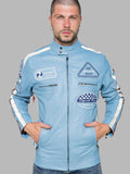 Biker Man's Jacket in genuine Light Blue Leather