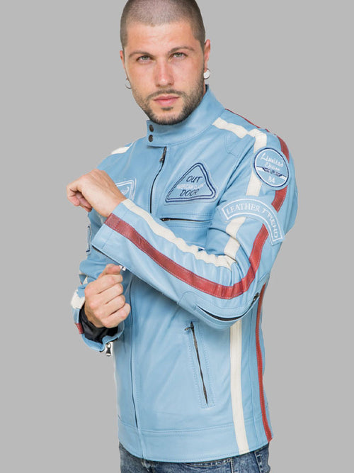 Biker Man's Jacket in genuine Light Blue Leather