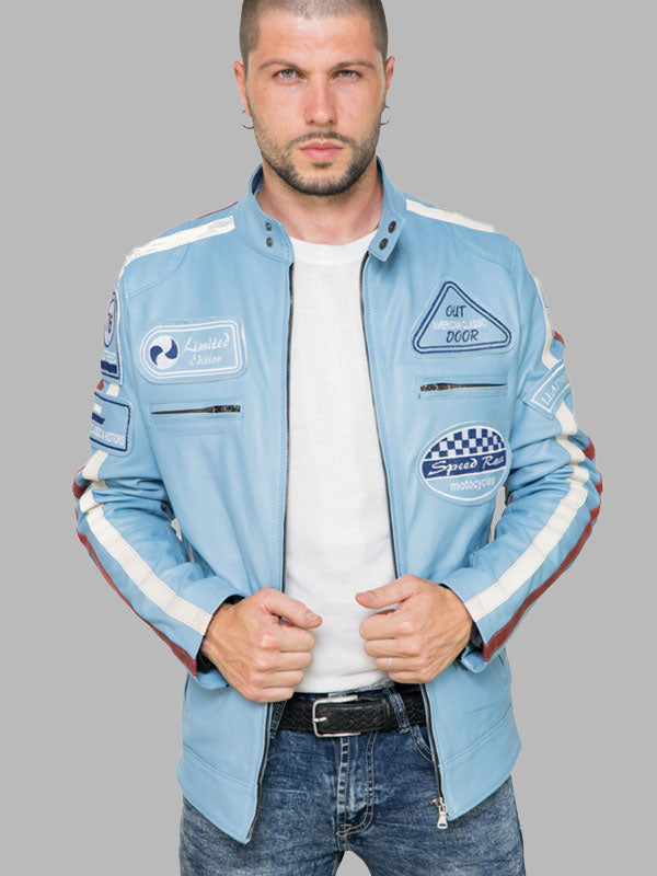 Biker Man's Jacket in genuine Light Blue Leather