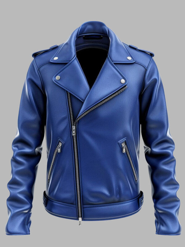 Blue Genuine Leather Motorcycle Jacket