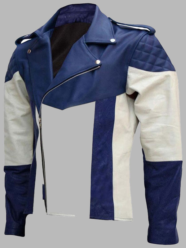 Men’s Blue and White Motorcycle Leather Jacket