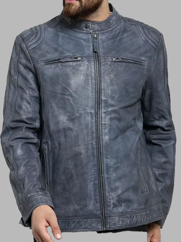 Erikson Men’s Blue Distressed Leather Biker Jacket