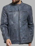 Erikson Men’s Blue Distressed Leather Biker Jacket