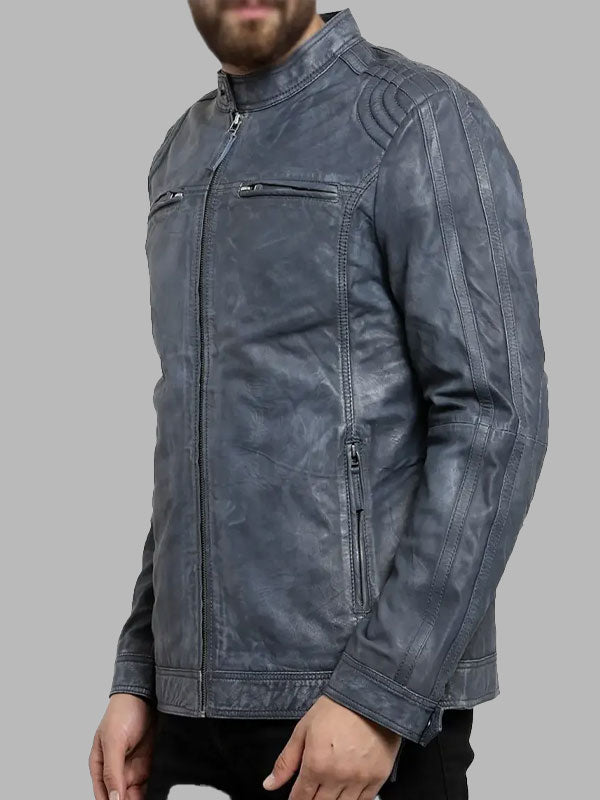Erikson Men’s Blue Distressed Leather Biker Jacket