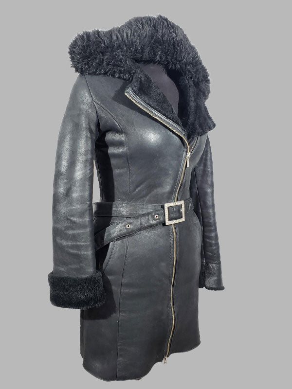 Anita Black Sheepskin Shearling Hooded Coat