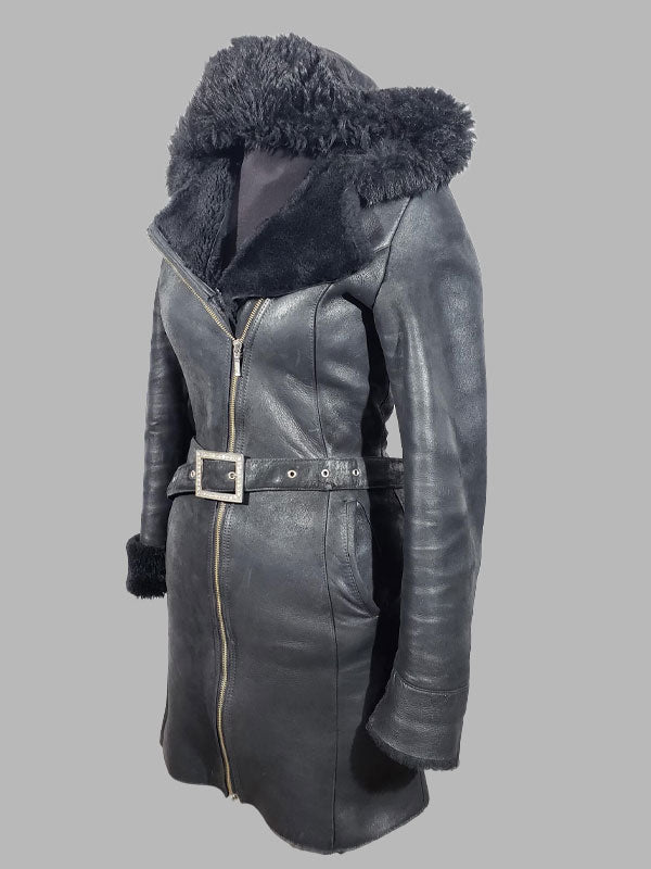 Anita Black Sheepskin Shearling Hooded Coat