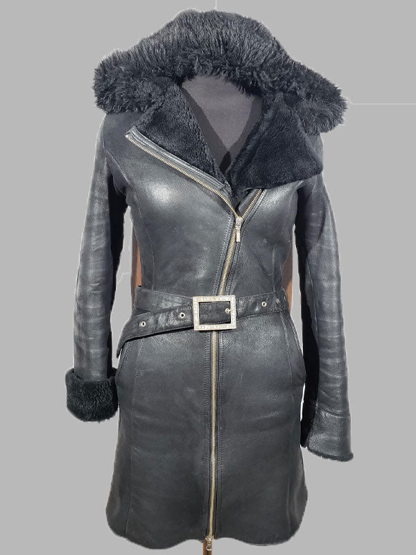 Anita Black Sheepskin Shearling Hooded Coat