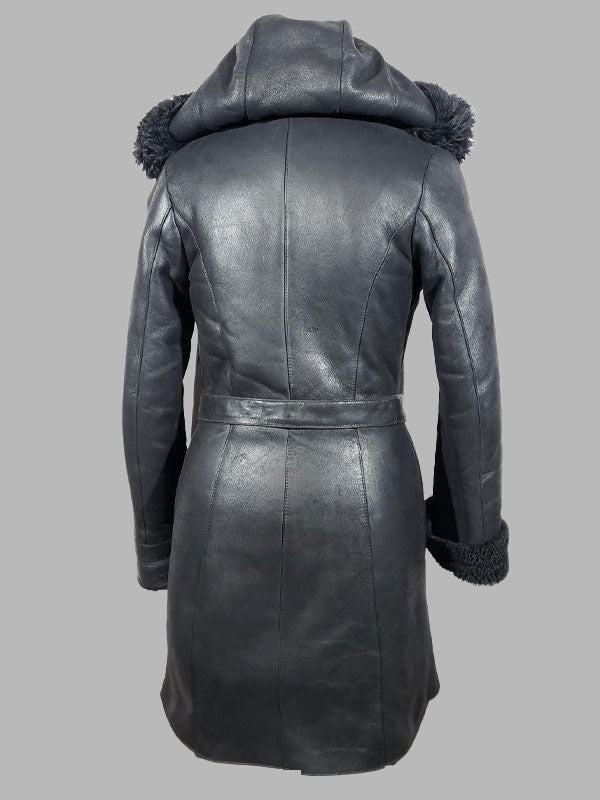 Anita Black Sheepskin Shearling Hooded Coat