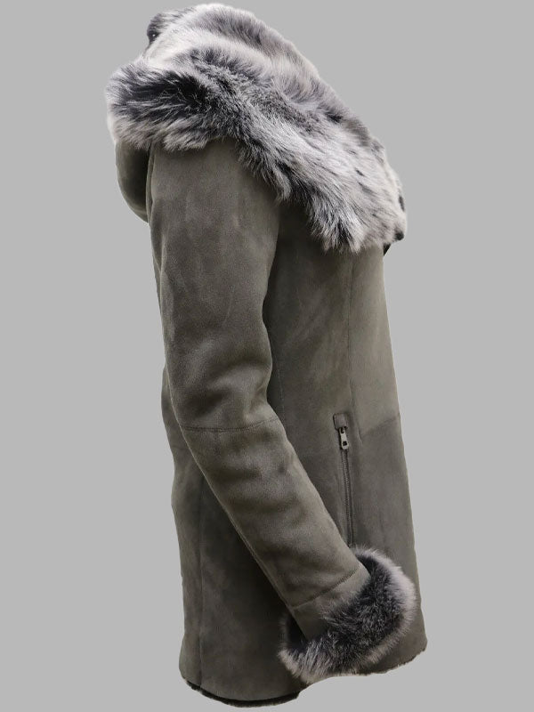 Beatrice Grey Suede Hooded Merino Sheepskin Coat