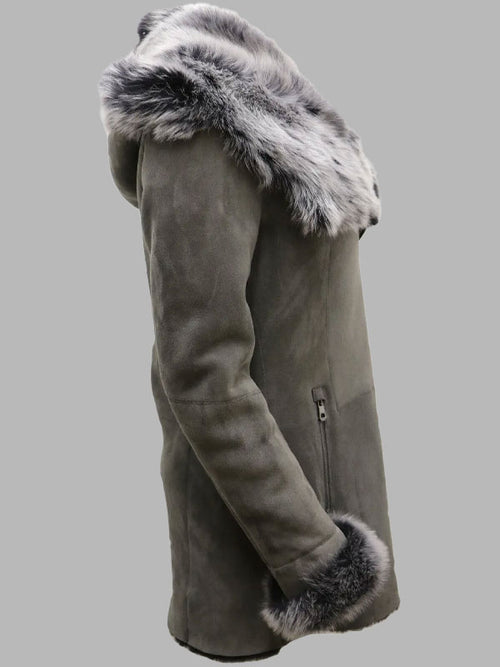 Beatrice Grey Suede Hooded Merino Sheepskin Coat