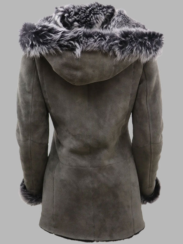 Beatrice Grey Suede Hooded Merino Sheepskin Coat