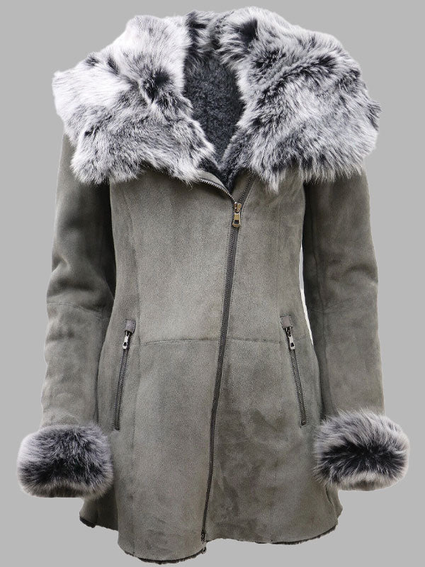 Beatrice Grey Suede Hooded Merino Sheepskin Coat