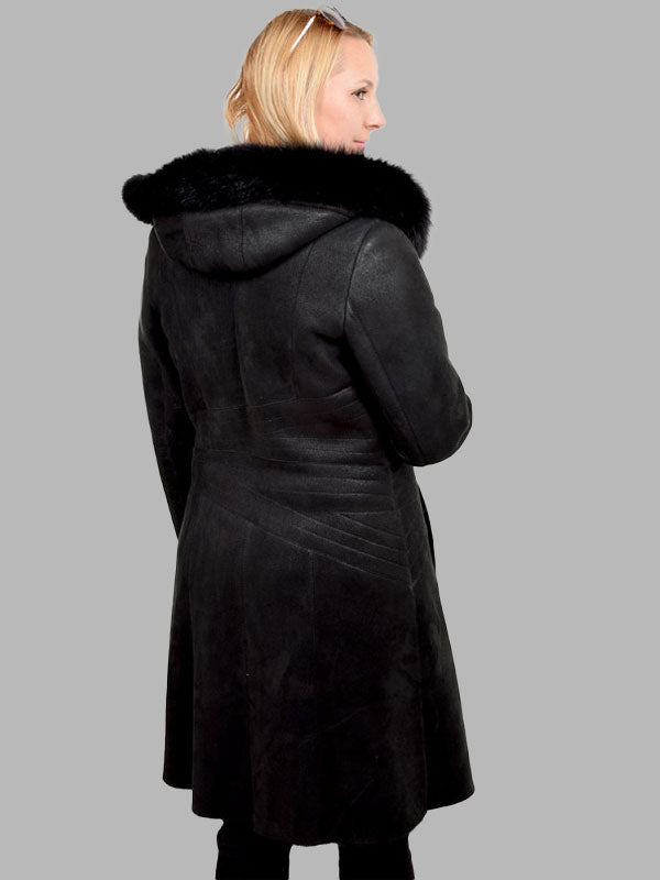 Black Shearling Sheepskin Coat With Black Fox Fur