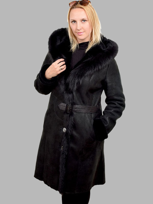 Black Shearling Sheepskin Coat With Black Fox Fur
