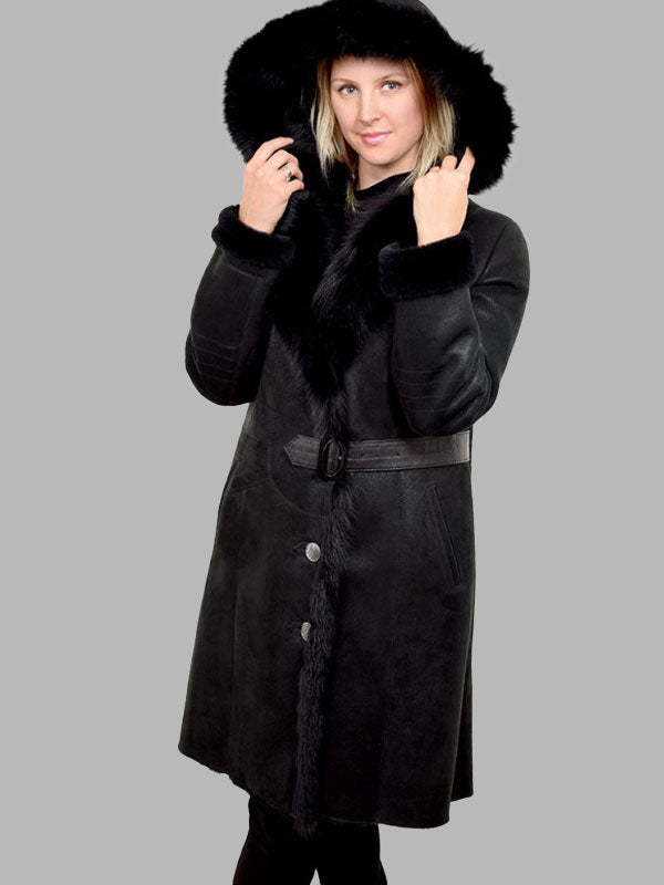 Black Shearling Sheepskin Coat With Black Fox Fur