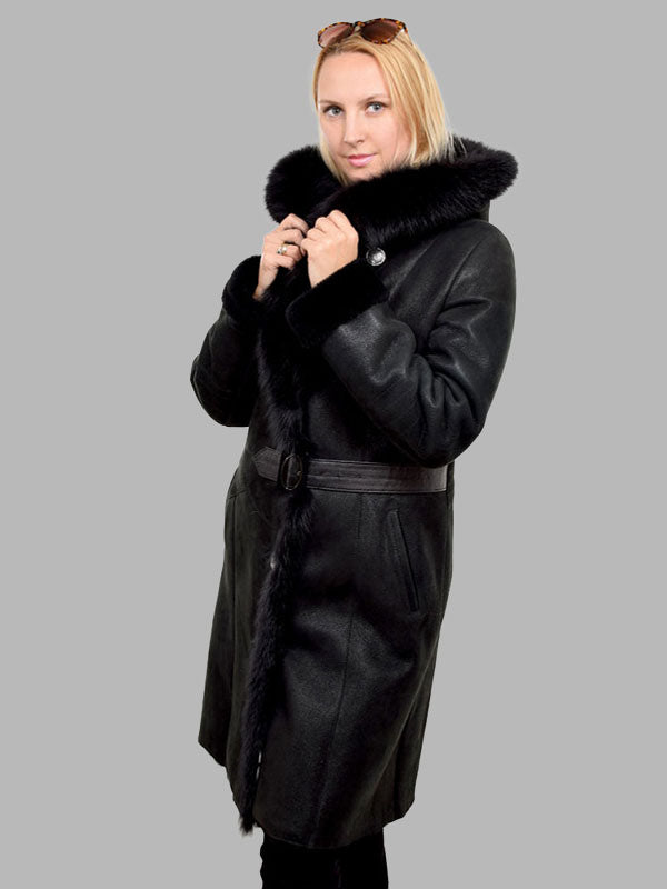 Black Shearling Sheepskin Coat With Black Fox Fur
