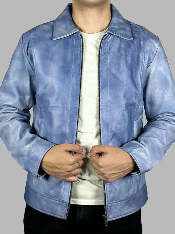 Blue Leather Men's Winter Jackets