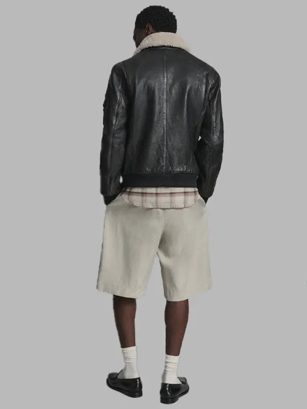 Brendan Black Bomber Real Leather Jacket With Fur Collar
