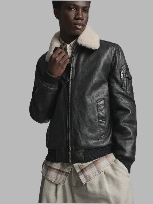 Brendan Black Bomber Real Leather Jacket With Fur Collar
