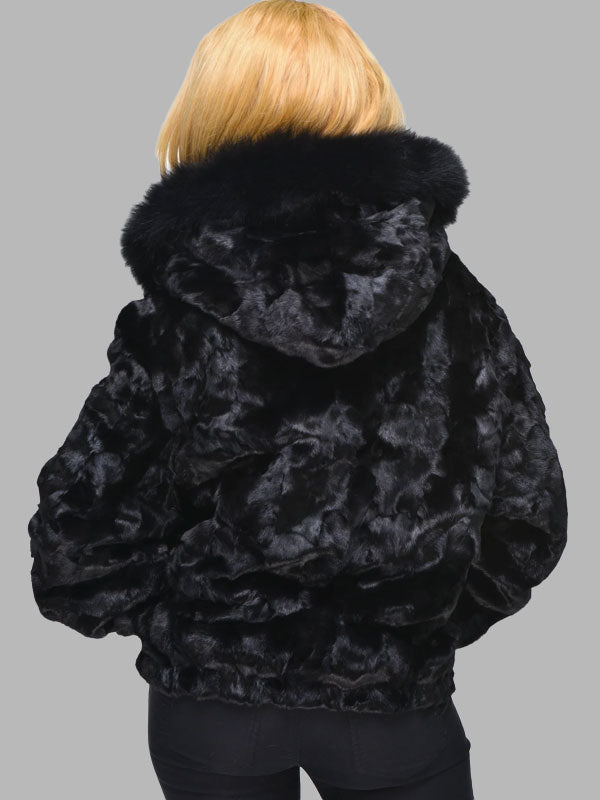 Carolina Mink Fur Bomber Jacket with Hood – Black