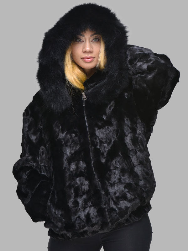 Carolina Mink Fur Bomber Jacket with Hood – Black