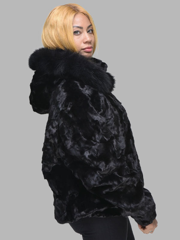 Carolina Mink Fur Bomber Jacket with Hood – Black