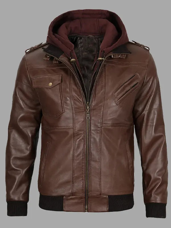 Clair Brown Real Leather Bomber Rib Jacket With Fleece Hooded Collar