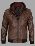 Clair Brown Real Leather Bomber Rib Jacket With Fleece Hooded Collar