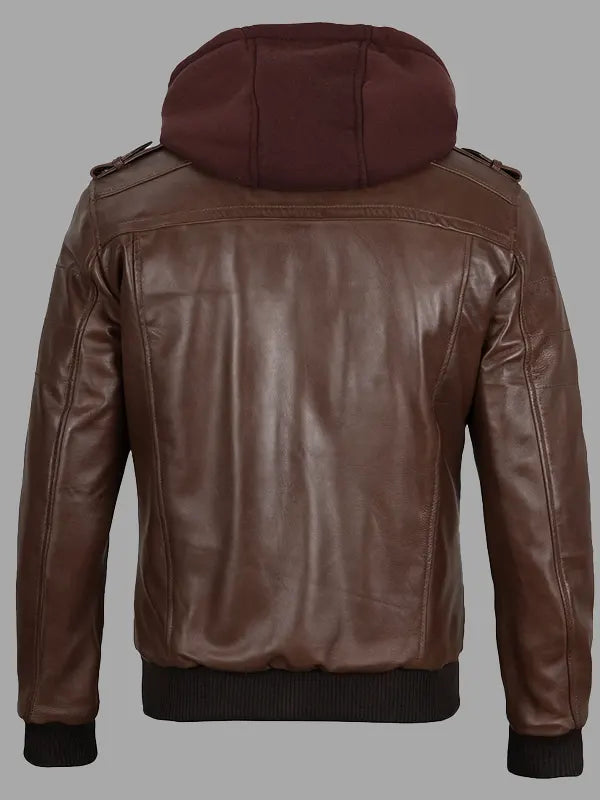 Clair Brown Real Leather Bomber Rib Jacket With Fleece Hooded Collar For Men