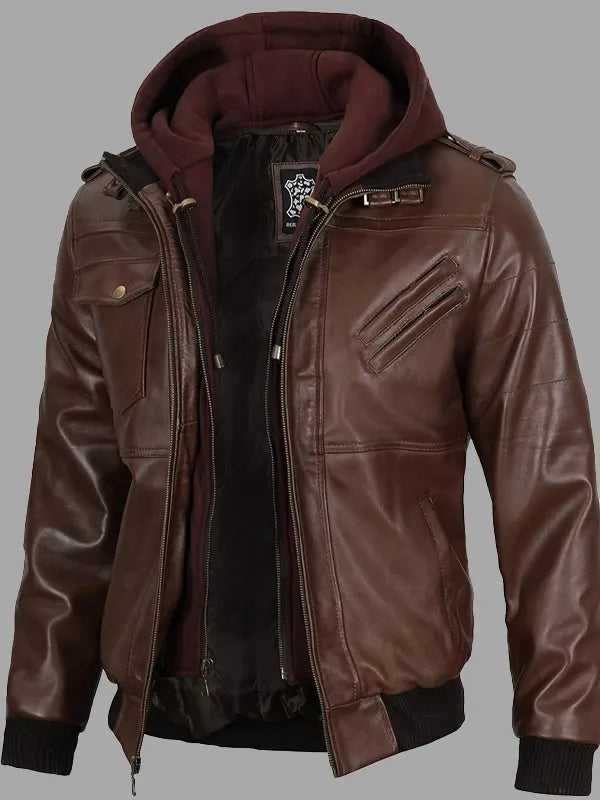 Clair Brown Real Leather Bomber Rib Jacket With Fleece Hooded Collar Buy