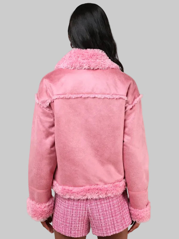 Cozy Allover Pink Vegan Leather Shearling Trim Moto Jacket