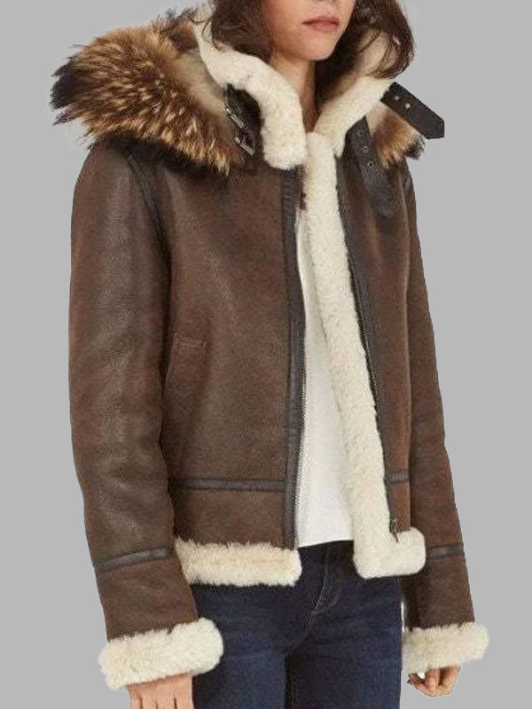 Donna Brown B3 Shearling Bomber Jacket With Raccoon Fur Hood