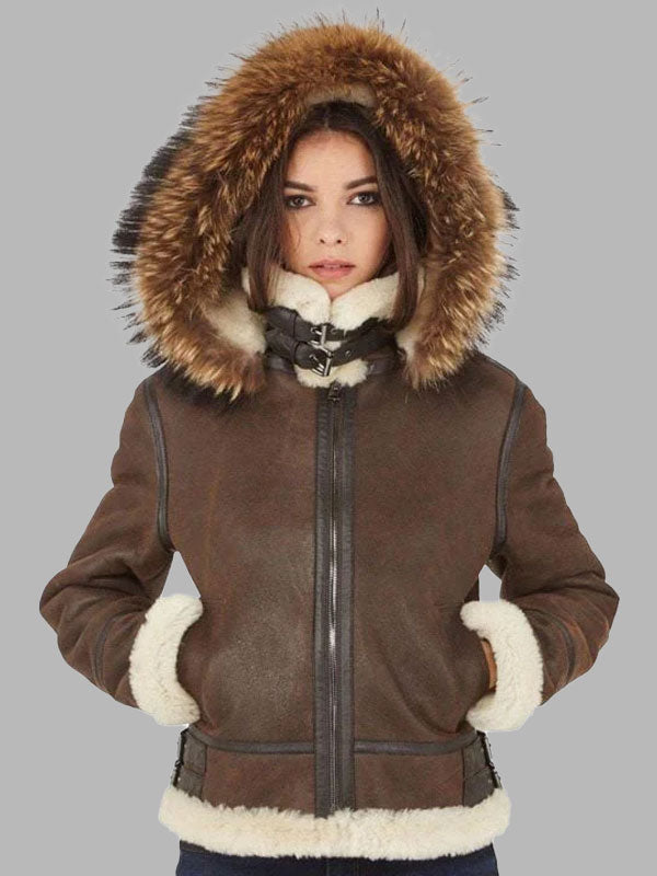 Donna Brown B3 Shearling Bomber Jacket With Raccoon Fur Hood