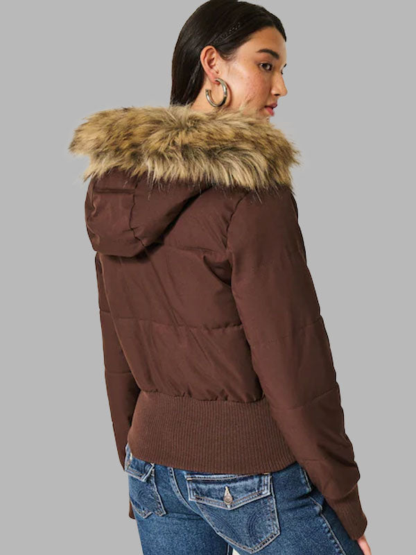 Georgia Brown Bomber Jacket With Faux Fur Hood