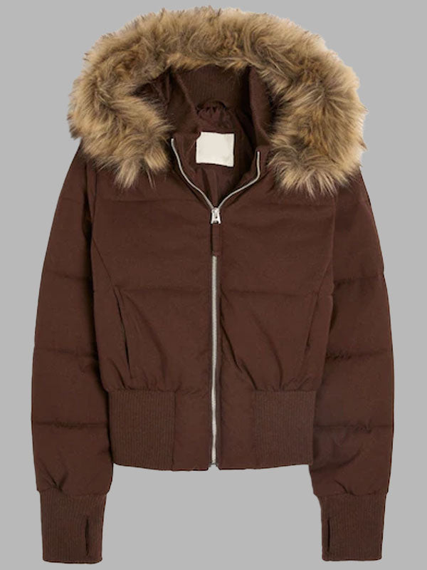 Georgia Brown Bomber Jacket With Faux Fur Hood