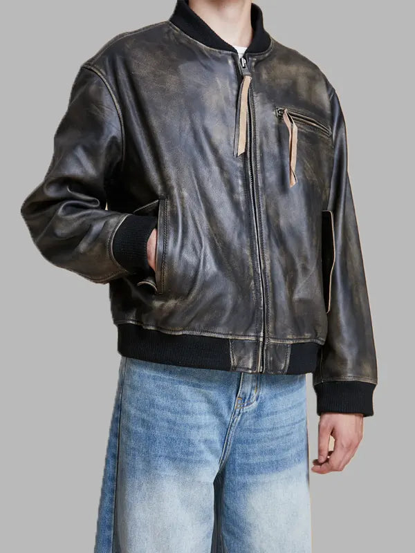 Jason Black Distressed Real Leather Bomber Jacket
