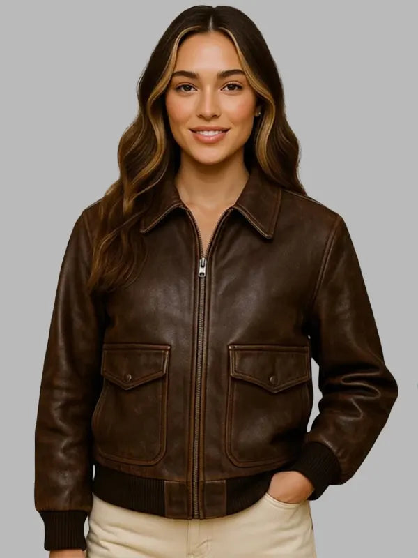 Renee Dark Brown Real Leather Bomber Jacket