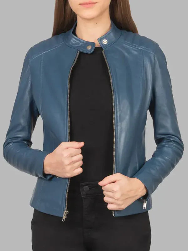 Kelsee Blue Leather Biker Jacket