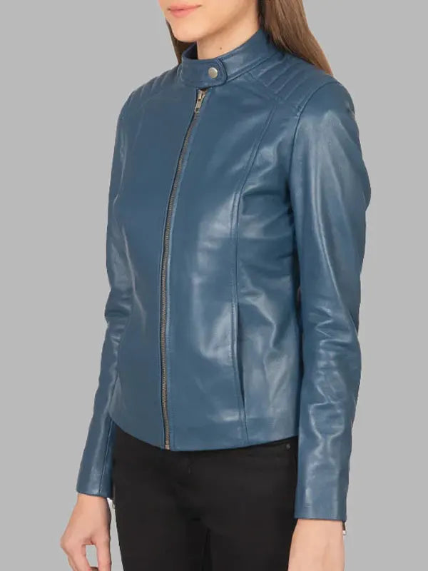 Kelsee Blue Leather Biker Jacket