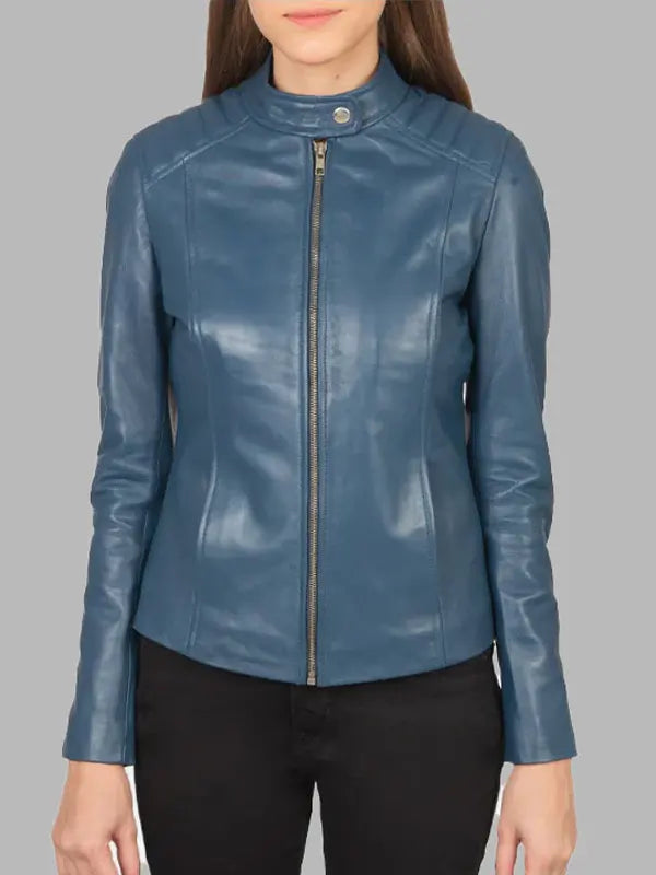 Kelsee Blue Leather Biker Jacket