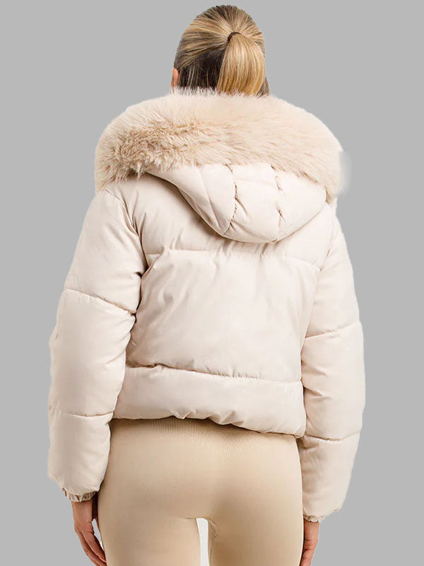 Kylie Bomber Jacket With Fur Hood And Trim Beige
