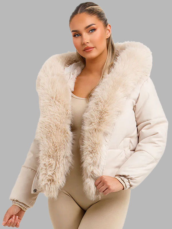 Kylie Bomber Jacket With Fur Hood And Trim Beige